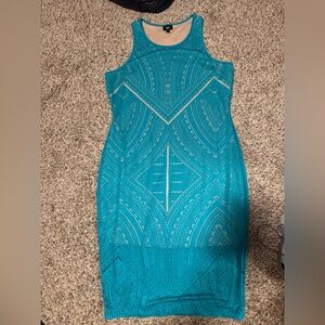 Elegant Turquoise Patterned Midi Dress